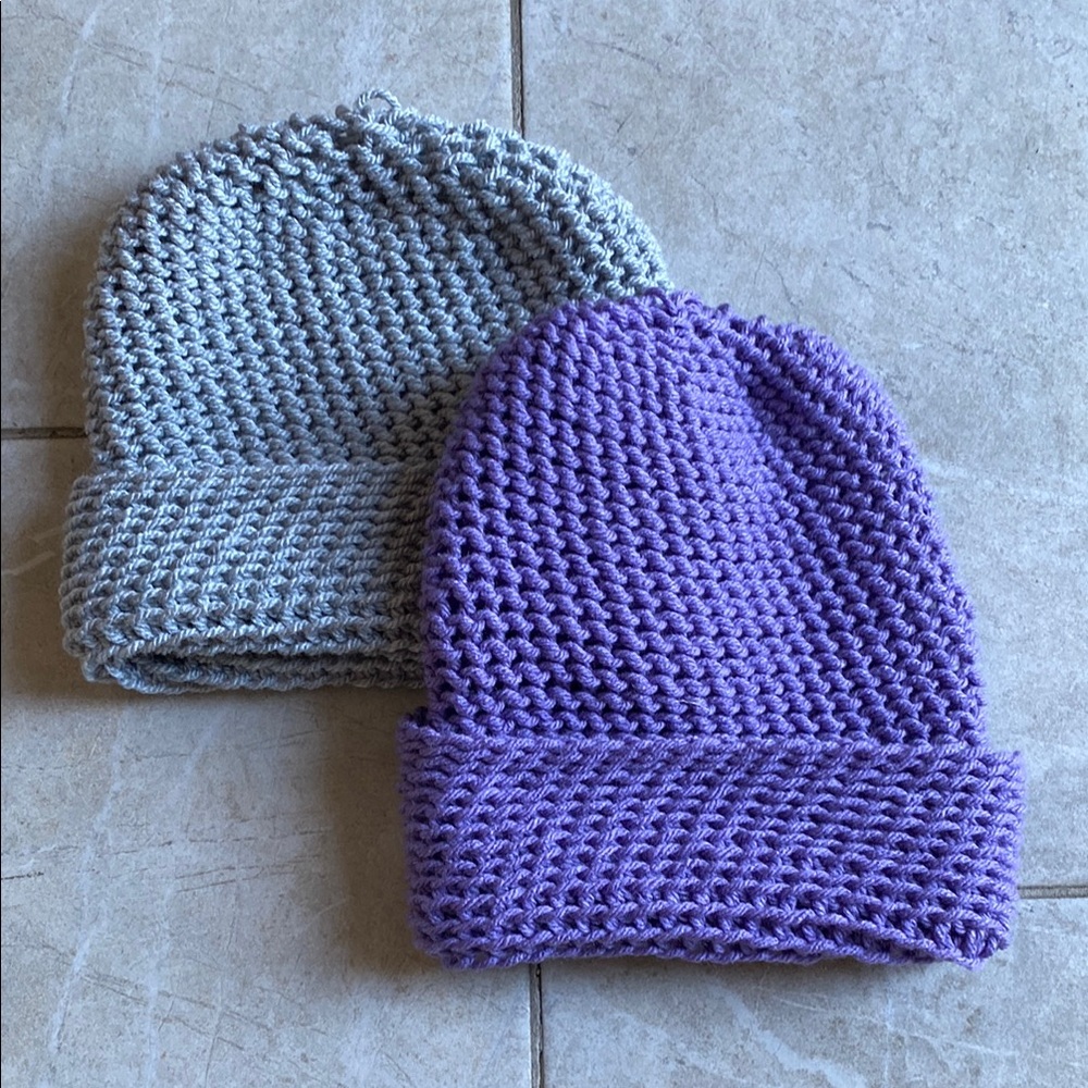 Set of 2 Handmade Crochet Beanies - Purple & Heather Grey
